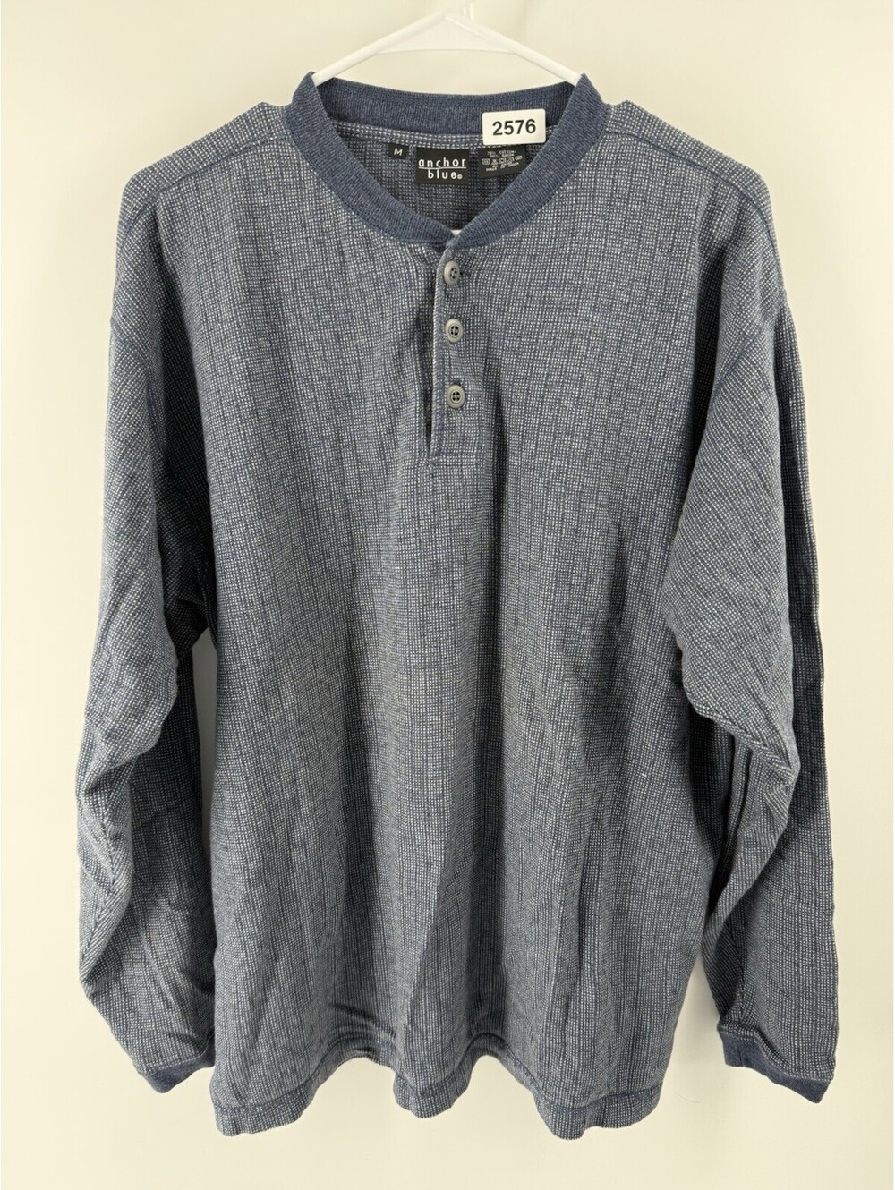Anchor Blue Mens Waffle Knit Henley Long Sleeve Size Blue Cotton Pullover
